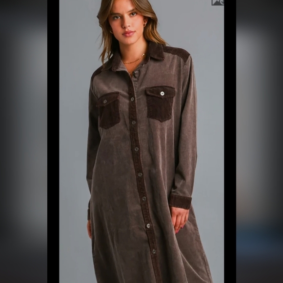 Umgee 100% Cotton Brown Long Sleeve Button-Up Dress/Shacket_S - Picture 11 of 12